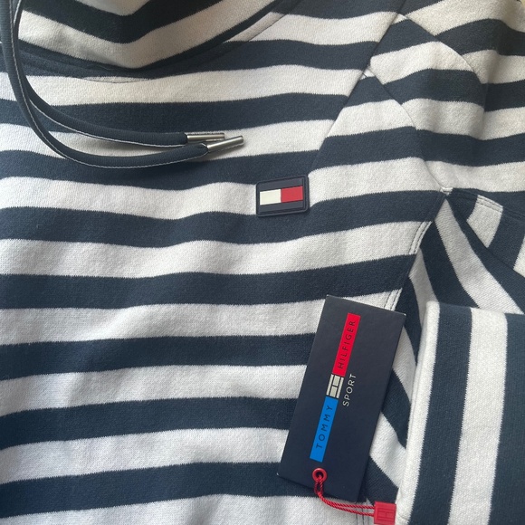 Tommy Hilfiger Sport Navy Striped Funnel Neck Fleece Nautical sweatshirt Hoodie - Picture 13 of 13